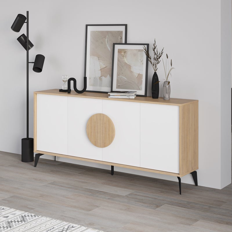 Mourah Home Gora Console - Modern Sideboard With 4 Doors - Storage Cabinet For Living Room, Office, Lounge, Dining Room, Kitchen, Hallway - 40X82X180 Cm - Oak/ White- 2 Years Warranty - Image 1